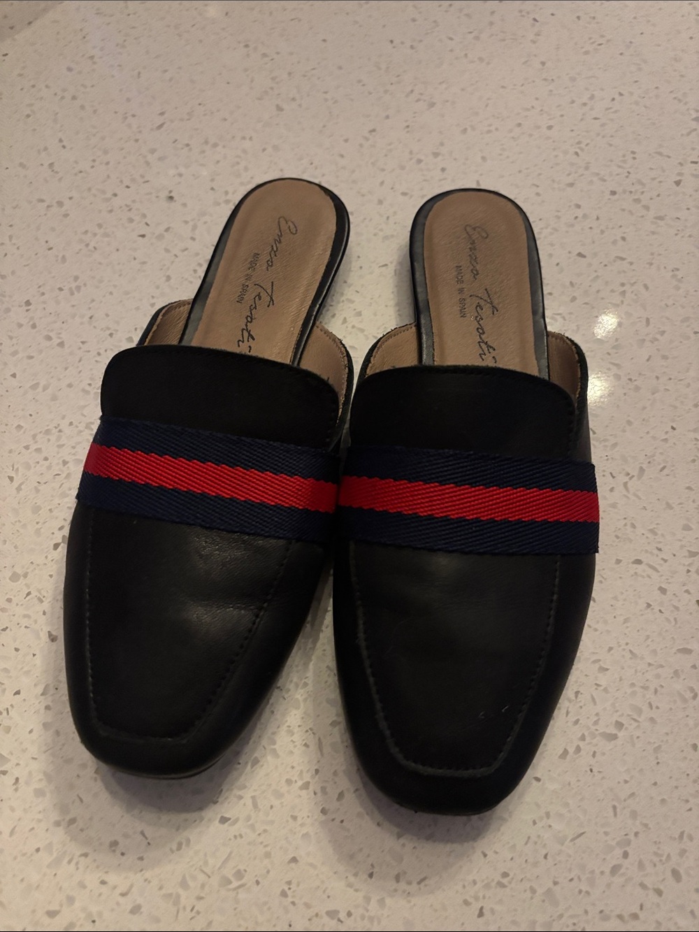 Enzo Tesoti Black Leather Mules Navy and Red Ribbon Flats Slip On Women's 37